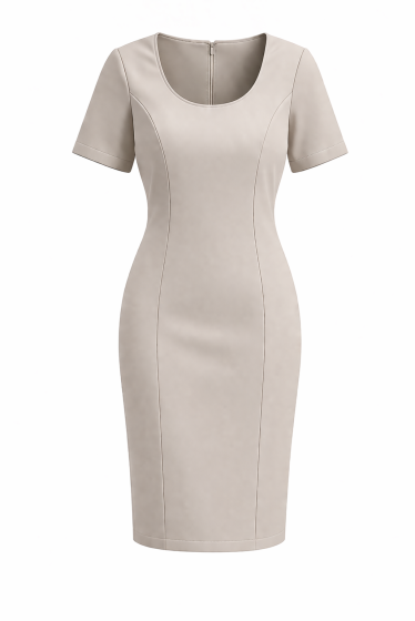 Beige fitted sheath dress on white
